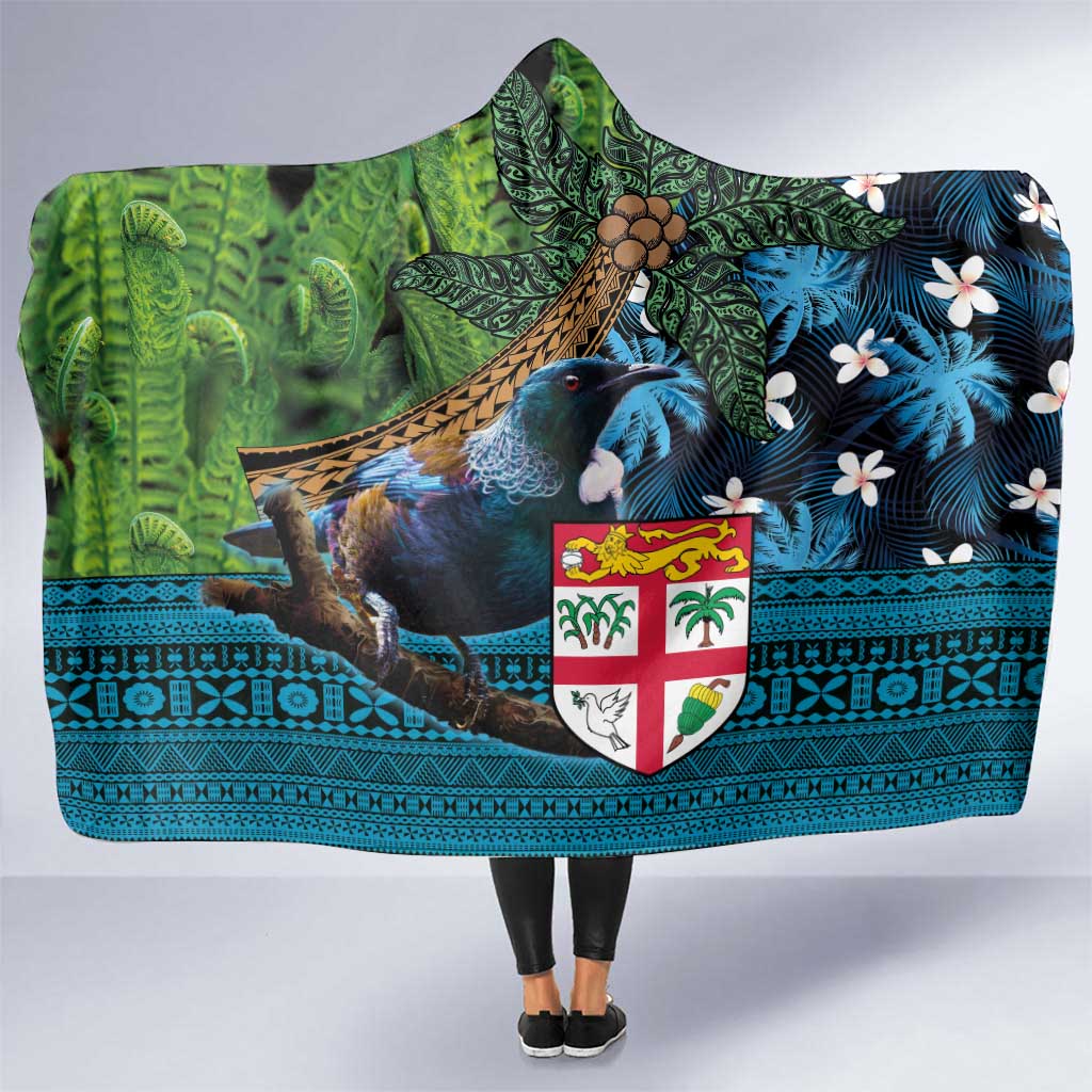 Fiji and New Zealand Tui Bird Hooded Blanket Koru Fern Leafs and Palm Tree With Plumeria