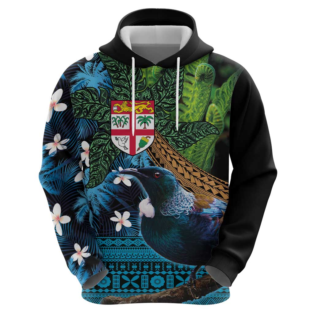 Fiji and New Zealand Tui Bird Hoodie Koru Fern Leafs and Palm Tree With Plumeria