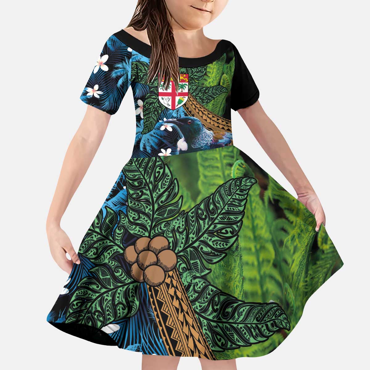 Fiji and New Zealand Tui Bird Kid Short Sleeve Dress Koru Fern Leafs and Palm Tree With Plumeria