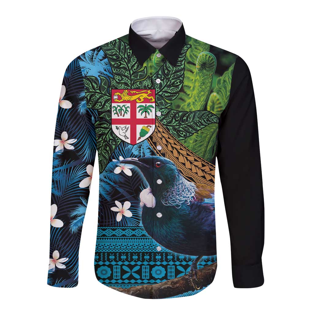 Fiji and New Zealand Tui Bird Long Sleeve Button Shirt Koru Fern Leafs and Palm Tree With Plumeria