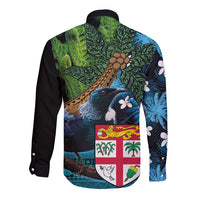 Fiji and New Zealand Tui Bird Long Sleeve Button Shirt Koru Fern Leafs and Palm Tree With Plumeria
