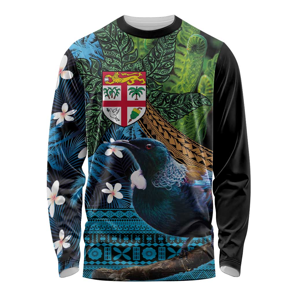 Fiji and New Zealand Tui Bird Long Sleeve Shirt Koru Fern Leafs and Palm Tree With Plumeria