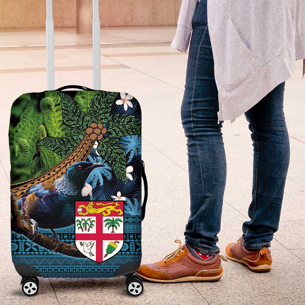 Fiji and New Zealand Tui Bird Luggage Cover Koru Fern Leafs and Palm Tree With Plumeria