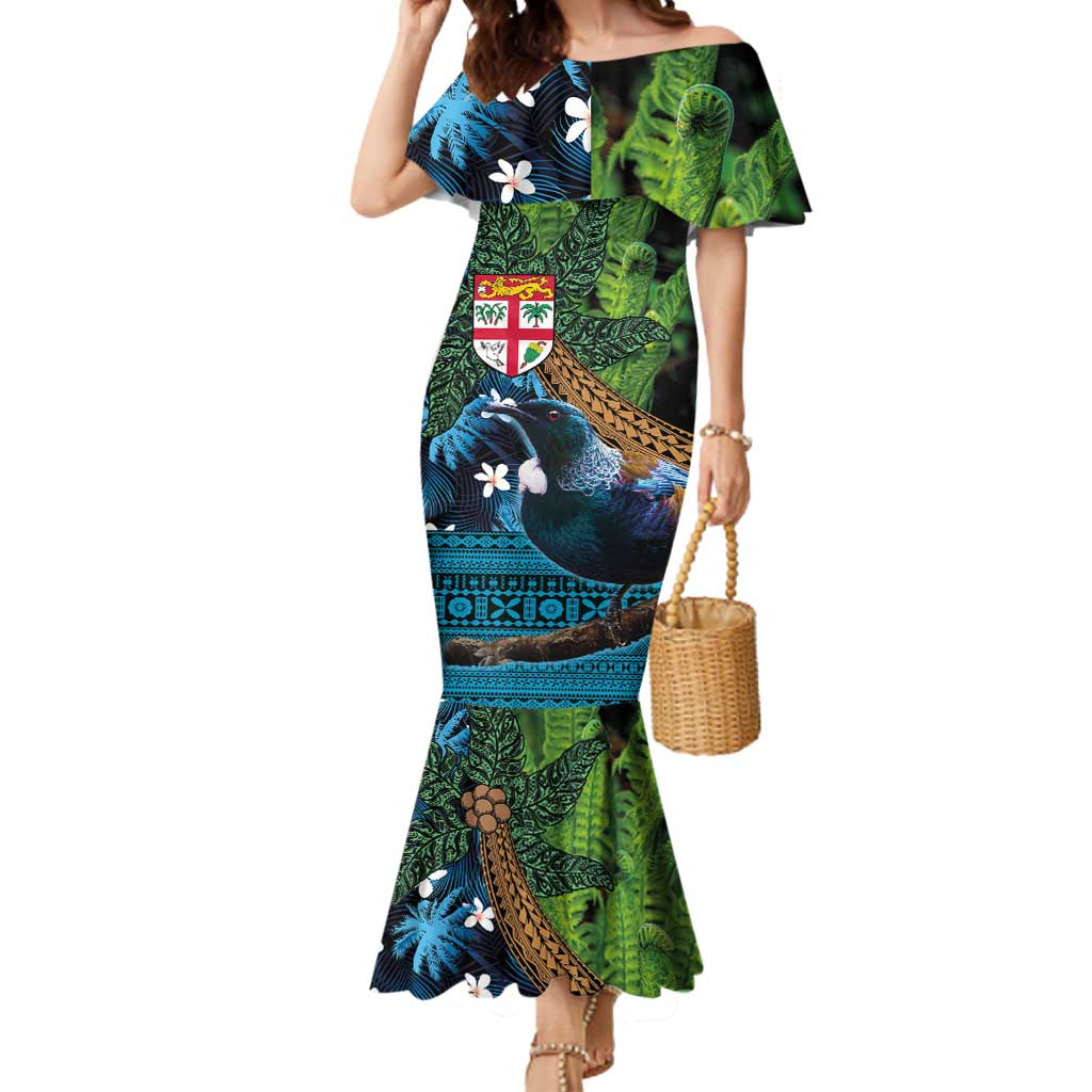 Fiji and New Zealand Tui Bird Mermaid Dress Koru Fern Leafs and Palm Tree With Plumeria