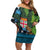 Fiji and New Zealand Tui Bird Off Shoulder Short Dress Koru Fern Leafs and Palm Tree With Plumeria