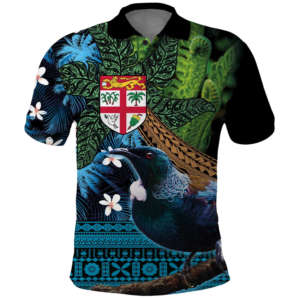 Fiji and New Zealand Tui Bird Polo Shirt Koru Fern Leafs and Palm Tree With Plumeria