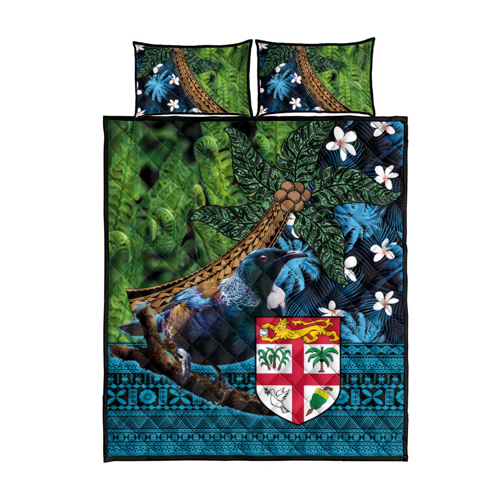 Fiji and New Zealand Tui Bird Quilt Bed Set Koru Fern Leafs and Palm Tree With Plumeria
