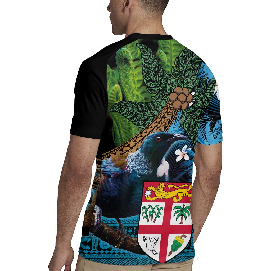Fiji and New Zealand Tui Bird Rugby Jersey Koru Fern Leafs and Palm Tree With Plumeria