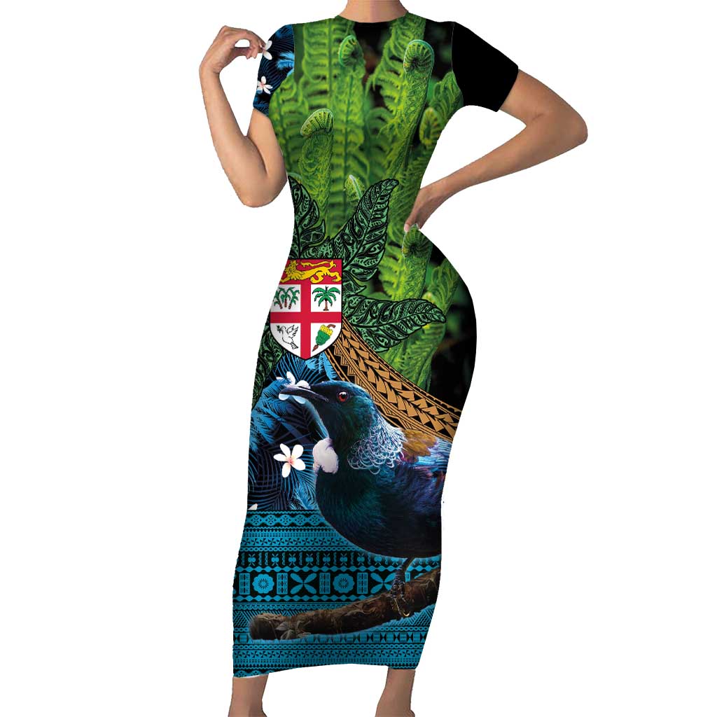 Fiji and New Zealand Tui Bird Short Sleeve Bodycon Dress Koru Fern Leafs and Palm Tree With Plumeria