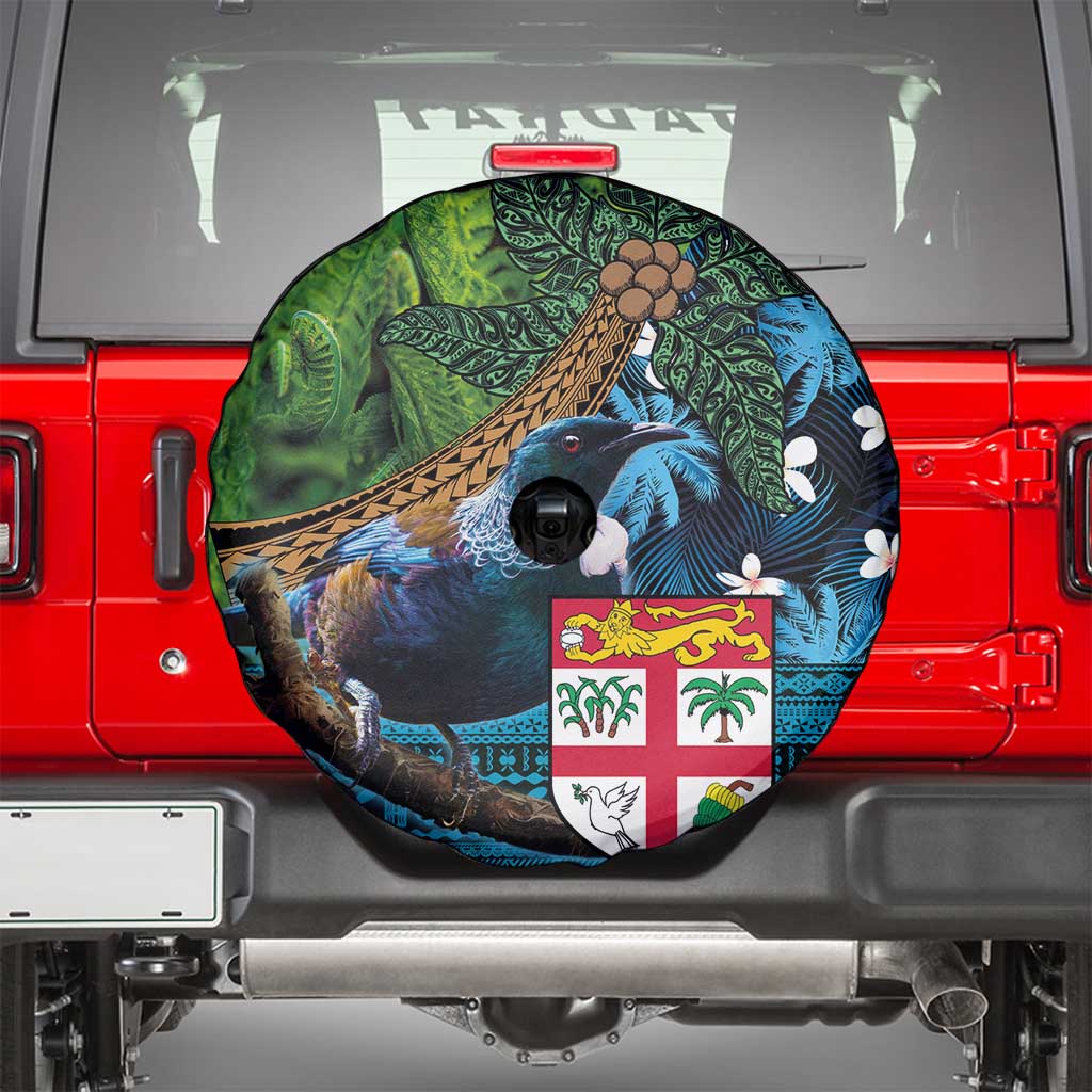 Fiji and New Zealand Tui Bird Spare Tire Cover Koru Fern Leafs and Palm Tree With Plumeria