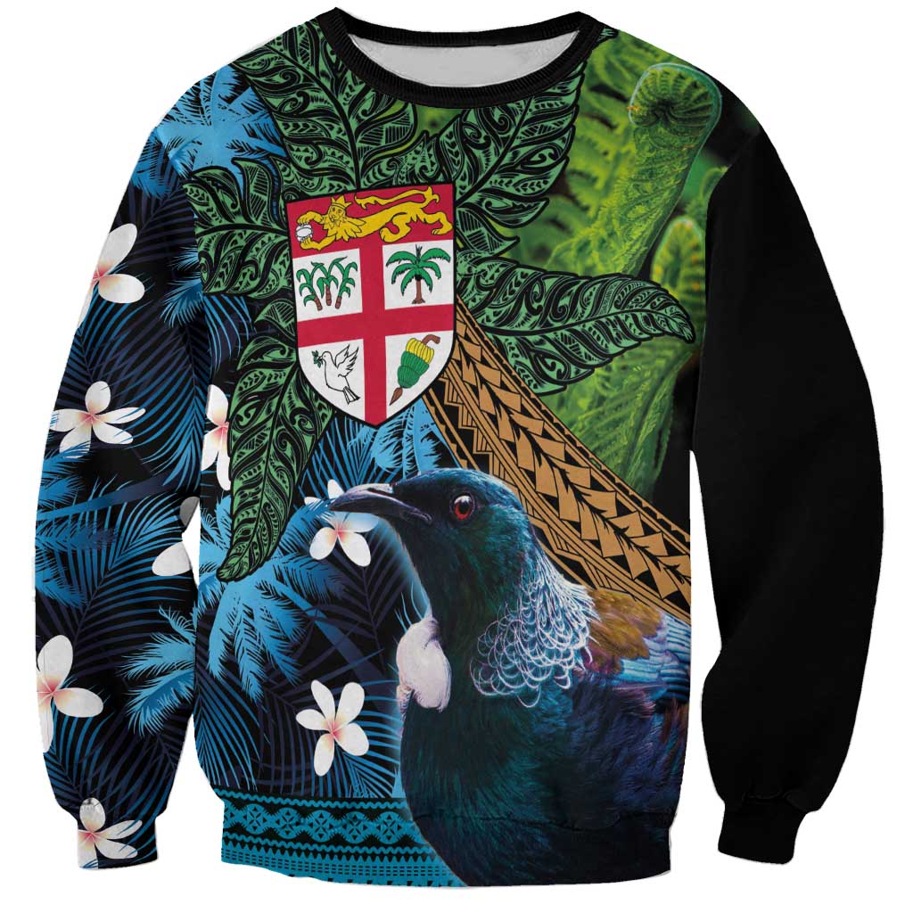 Fiji and New Zealand Tui Bird Sweatshirt Koru Fern Leafs and Palm Tree With Plumeria