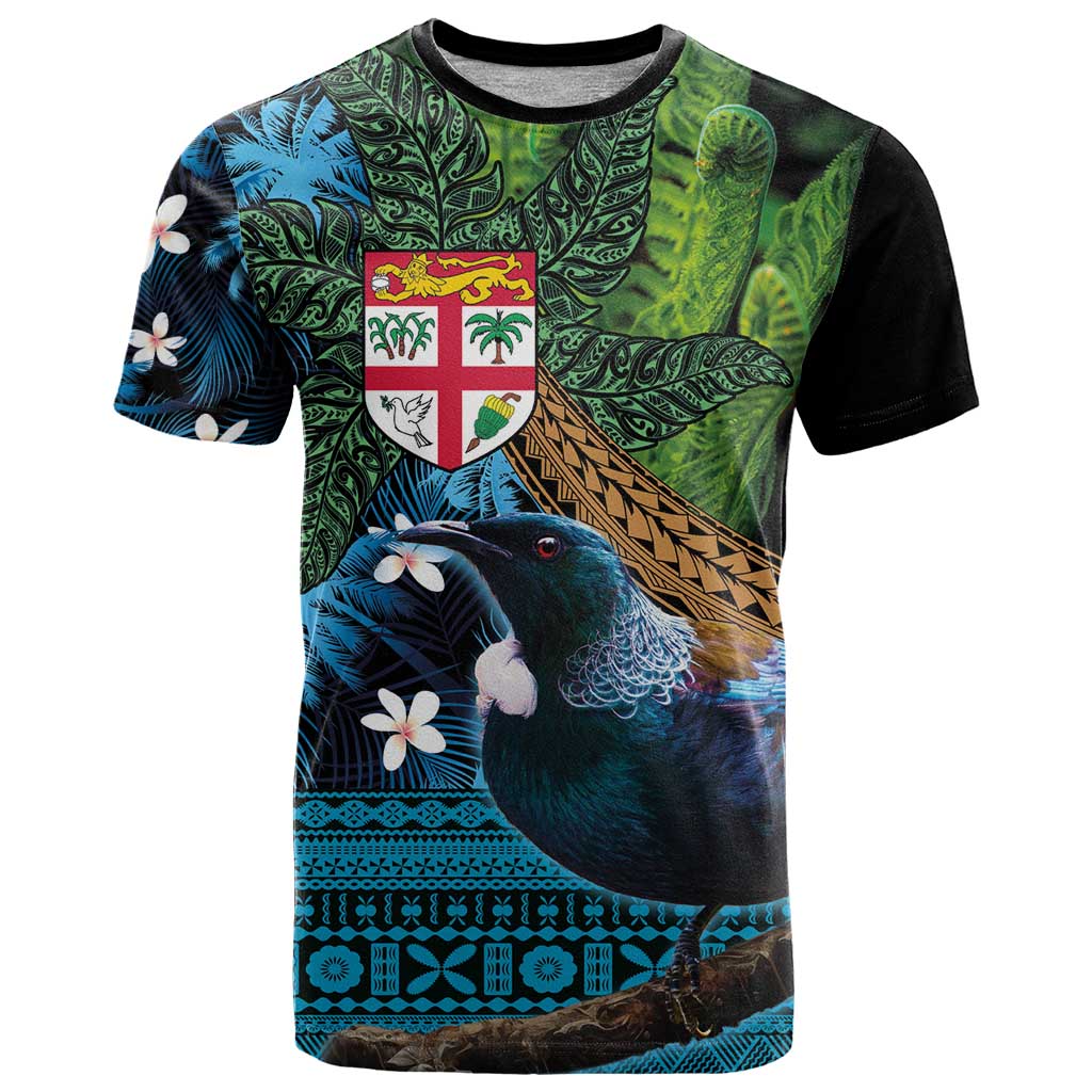 Fiji and New Zealand Tui Bird T Shirt Koru Fern Leafs and Palm Tree With Plumeria