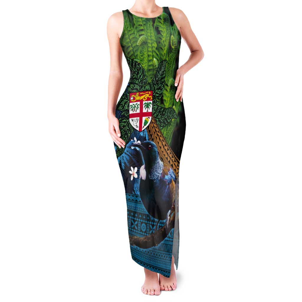 Fiji and New Zealand Tui Bird Tank Maxi Dress Koru Fern Leafs and Palm Tree With Plumeria