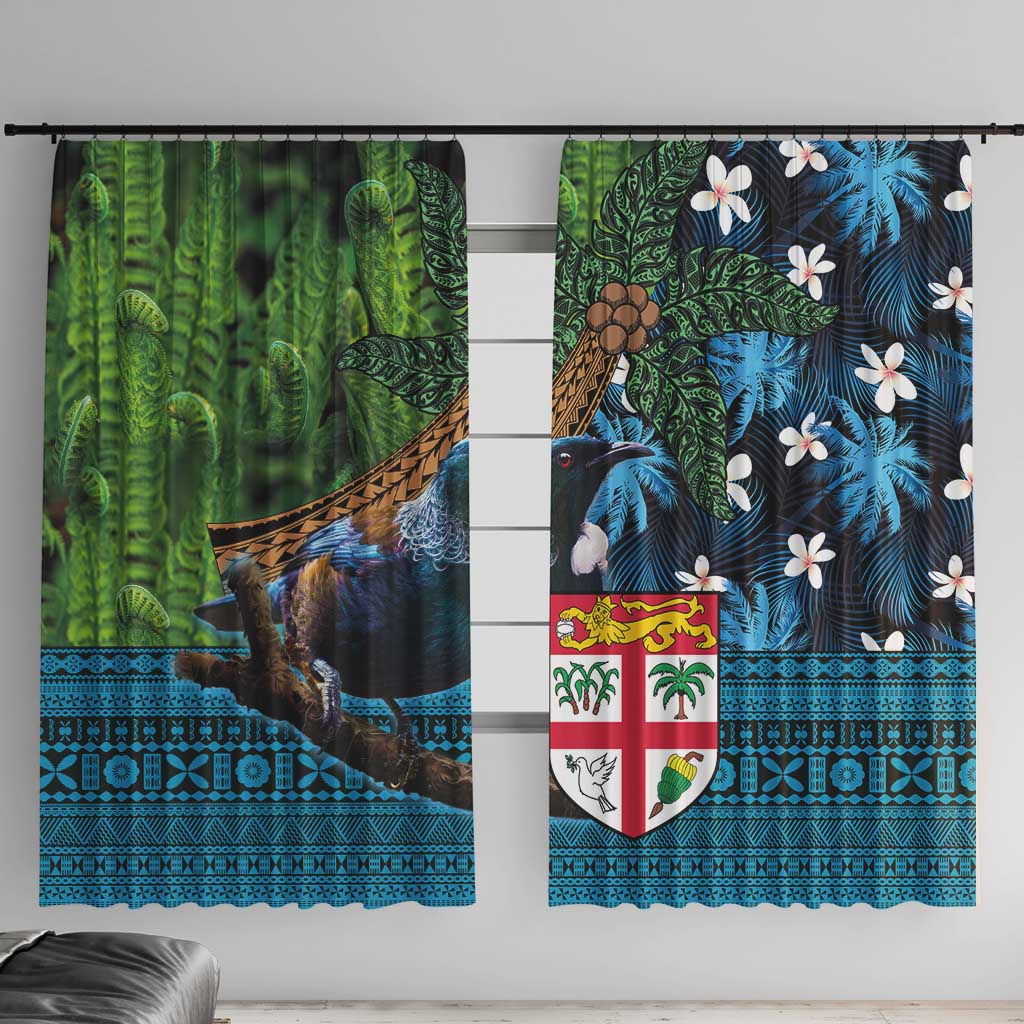 Fiji and New Zealand Tui Bird Window Curtain Koru Fern Leafs and Palm Tree With Plumeria