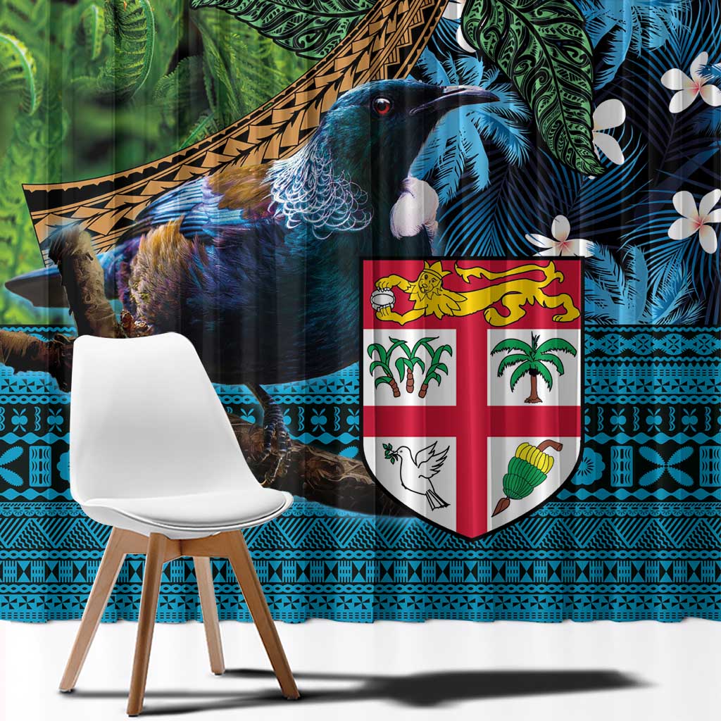 Fiji and New Zealand Tui Bird Window Curtain Koru Fern Leafs and Palm Tree With Plumeria