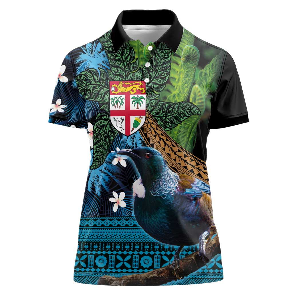 Fiji and New Zealand Tui Bird Women Polo Shirt Koru Fern Leafs and Palm Tree With Plumeria