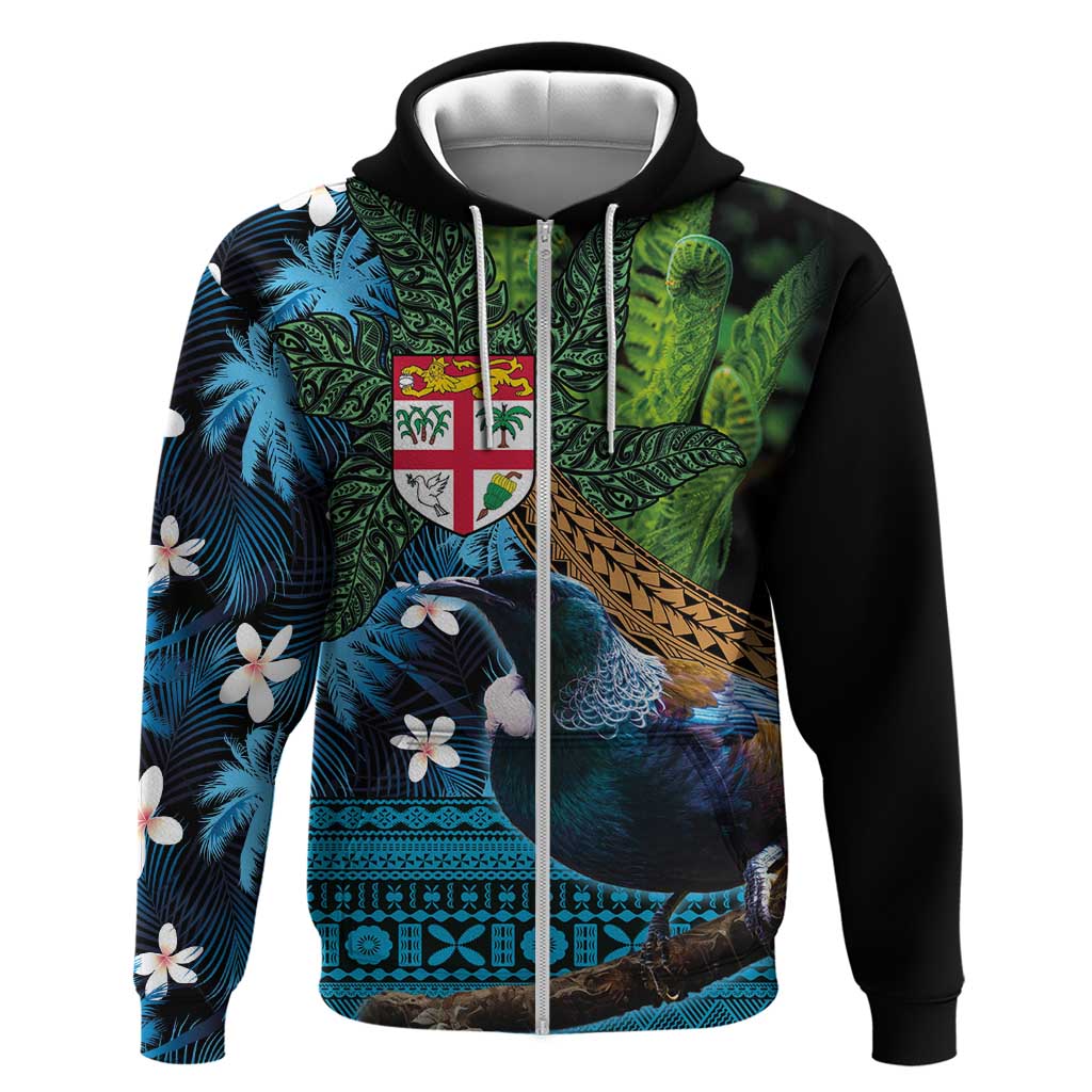 Fiji and New Zealand Tui Bird Zip Hoodie Koru Fern Leafs and Palm Tree With Plumeria