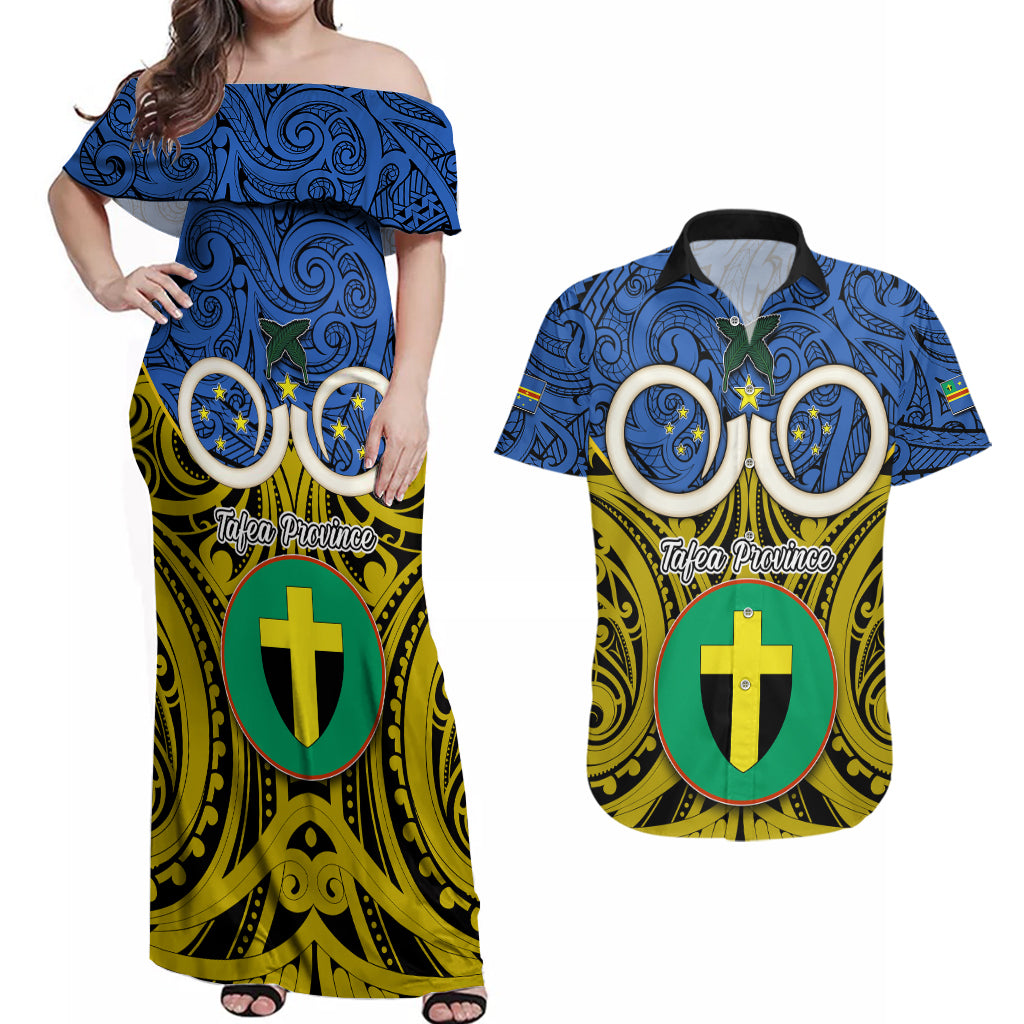 Vanuatu Tafea Province Couples Matching Off Shoulder Maxi Dress and Hawaiian Shirt Pig Tusk Mix Maori Pattern and Namele Leaf LT03 Blue - Polynesian Pride