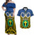 Vanuatu Tafea Province Couples Matching Off Shoulder Maxi Dress and Hawaiian Shirt Pig Tusk Mix Maori Pattern and Namele Leaf LT03 Blue - Polynesian Pride