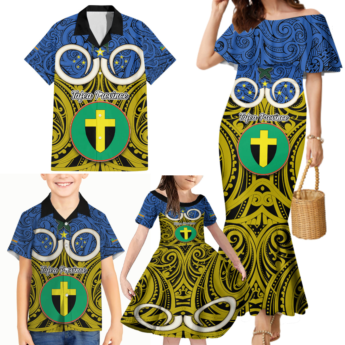 Vanuatu Tafea Province Family Matching Mermaid Dress and Hawaiian Shirt Pig Tusk Mix Maori Pattern and Namele Leaf LT03 - Polynesian Pride