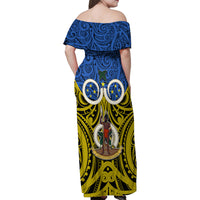 Vanuatu Tafea Province Family Matching Off Shoulder Maxi Dress and Hawaiian Shirt Pig Tusk Mix Maori Pattern and Namele Leaf LT03 - Polynesian Pride