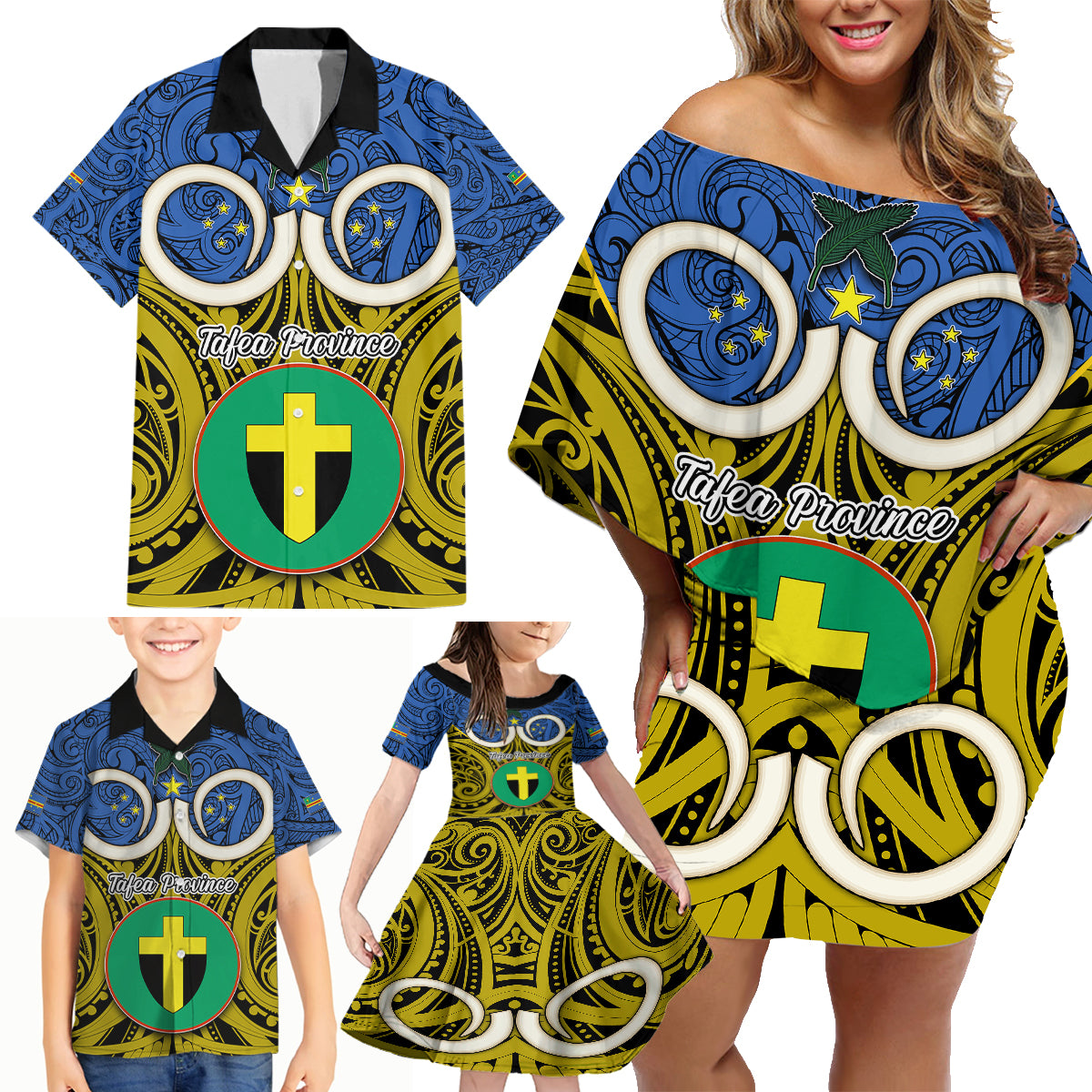 Vanuatu Tafea Province Family Matching Off Shoulder Short Dress and Hawaiian Shirt Pig Tusk Mix Maori Pattern and Namele Leaf LT03 - Polynesian Pride