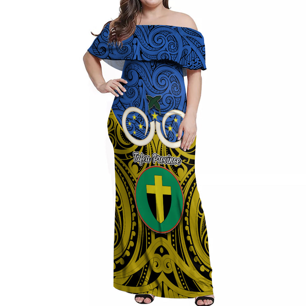 Vanuatu Tafea Province Off Shoulder Maxi Dress Pig Tusk Mix Maori Pattern and Namele Leaf LT03 Women Blue - Polynesian Pride