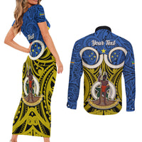 Personalised Vanuatu Tafea Province Couples Matching Short Sleeve Bodycon Dress and Long Sleeve Button Shirts Pig Tusk Mix Maori Pattern and Namele Leaf LT03 - Polynesian Pride