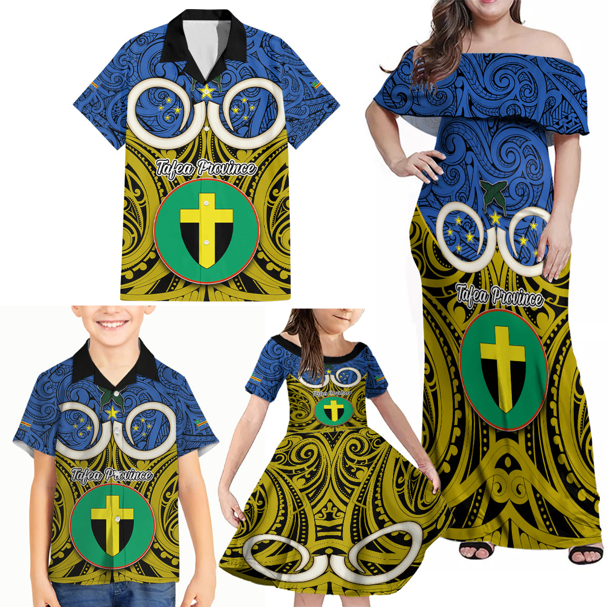 Personalised Vanuatu Tafea Province Family Matching Off Shoulder Maxi Dress and Hawaiian Shirt Pig Tusk Mix Maori Pattern and Namele Leaf LT03 - Polynesian Pride