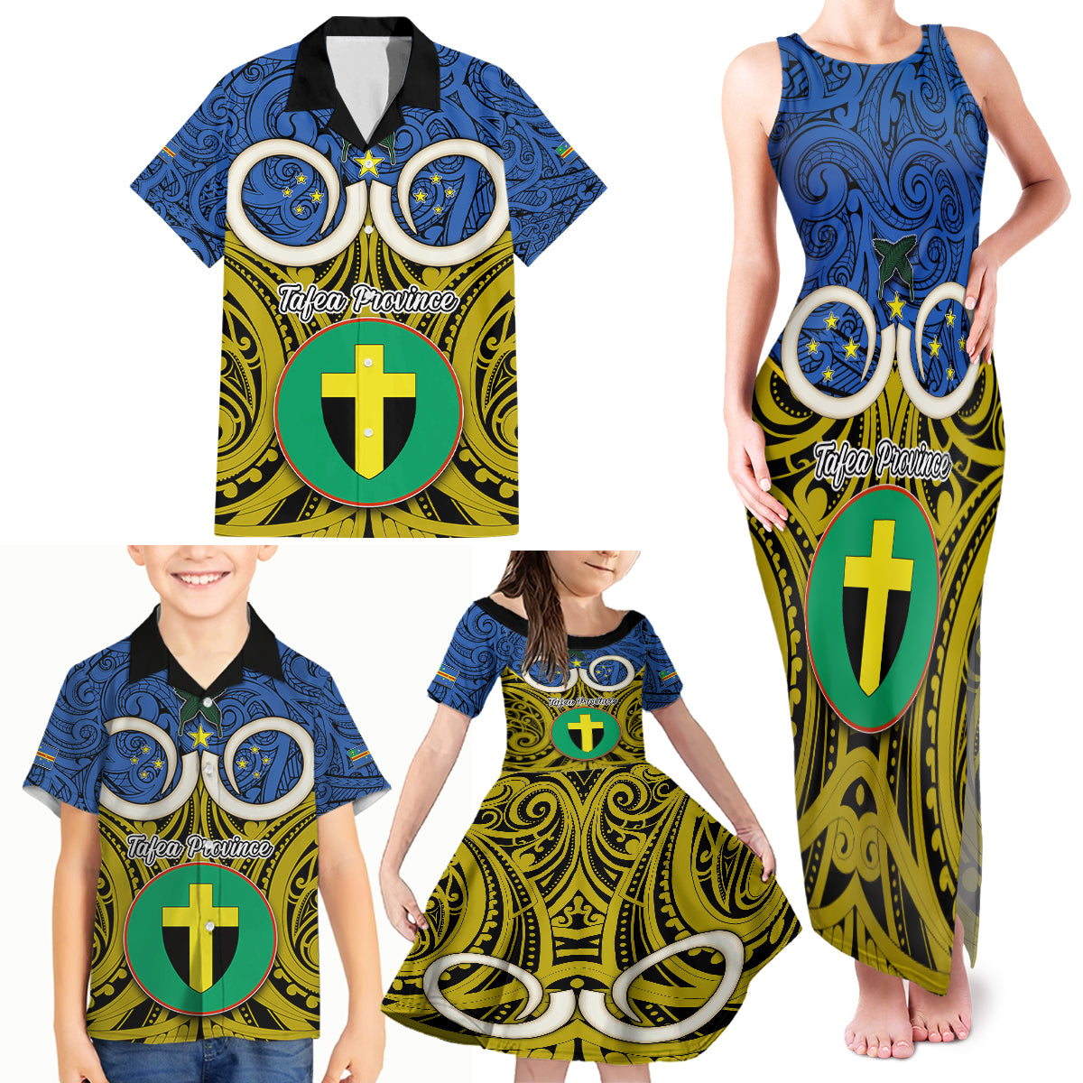 Personalised Vanuatu Tafea Province Family Matching Tank Maxi Dress and Hawaiian Shirt Pig Tusk Mix Maori Pattern and Namele Leaf LT03 - Polynesian Pride