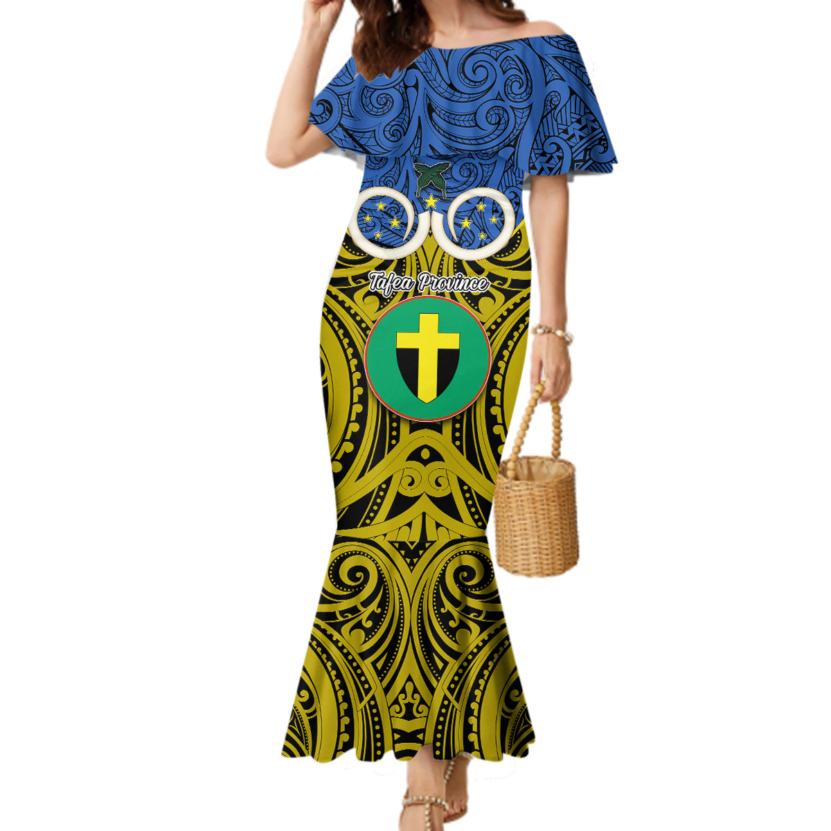 Personalised Vanuatu Tafea Province Mermaid Dress Pig Tusk Mix Maori Pattern and Namele Leaf LT03 Women Blue - Polynesian Pride