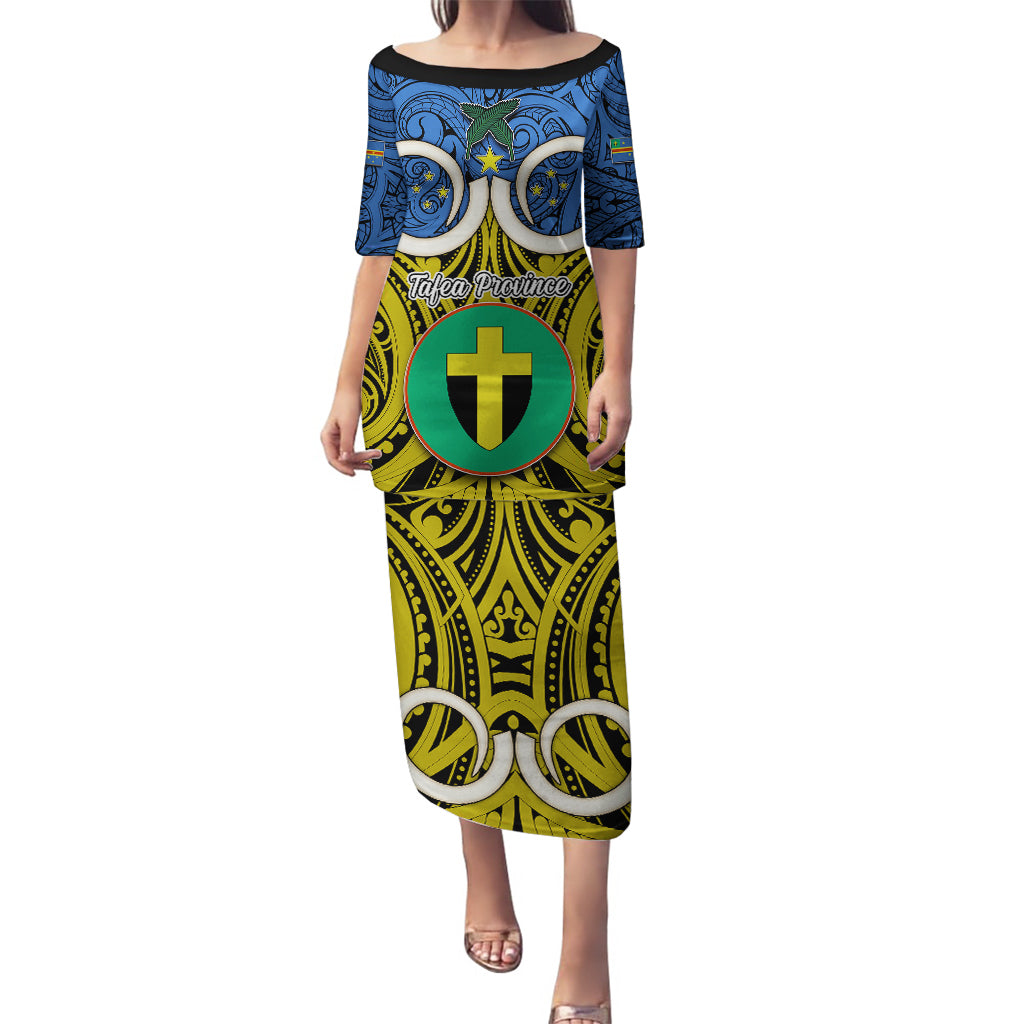 Personalised Vanuatu Tafea Province Puletasi Pig Tusk Mix Maori Pattern and Namele Leaf LT03 Long Dress Blue - Polynesian Pride