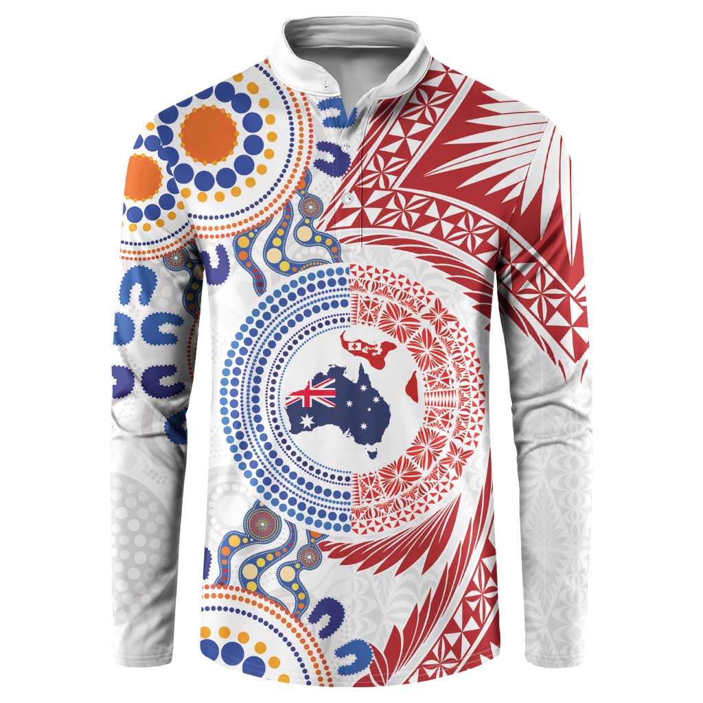Tongan and Australian Culture Together Button Sweatshirt Ngatu Art Tribal Aboriginal Tattoo Pattern - Polynesian Pride