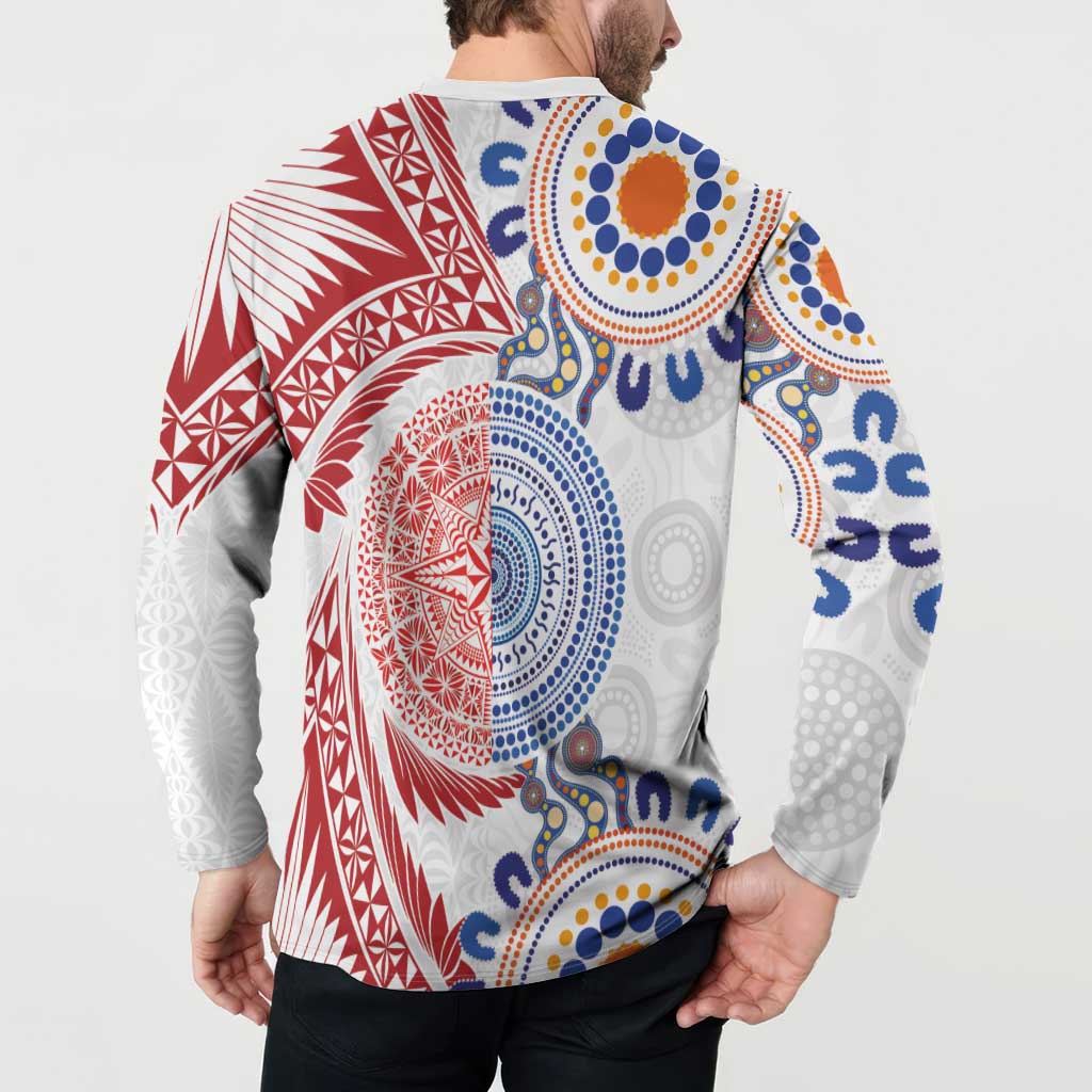 Tongan and Australian Culture Together Button Sweatshirt Ngatu Art Tribal Aboriginal Tattoo Pattern - Polynesian Pride