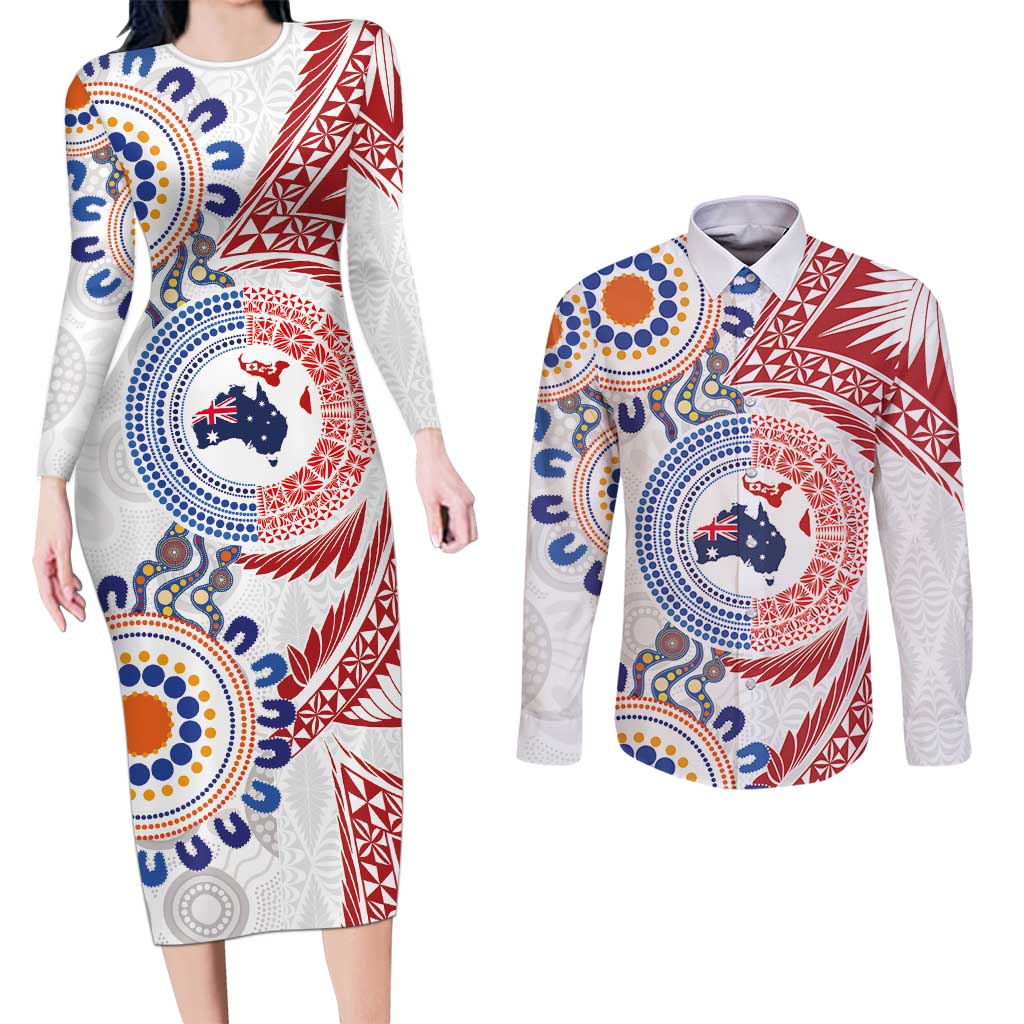 Tongan and Australian Culture Together Couples Matching Long Sleeve Bodycon Dress and Long Sleeve Button Shirt Ngatu Art Tribal Aboriginal Tattoo Pattern - Polynesian Pride