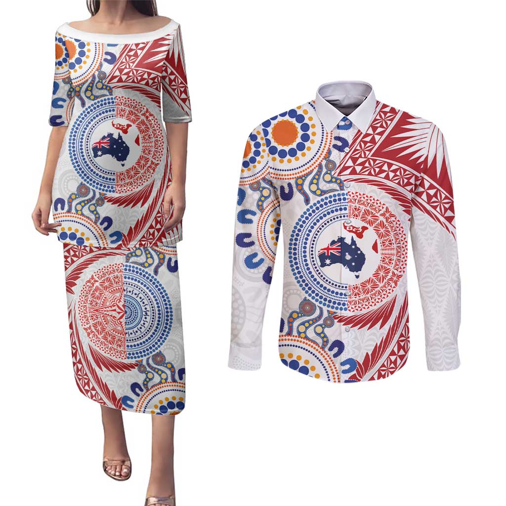 Tongan and Australian Culture Together Couples Matching Puletasi and Long Sleeve Button Shirt Ngatu Art Tribal Aboriginal Tattoo Pattern - Polynesian Pride