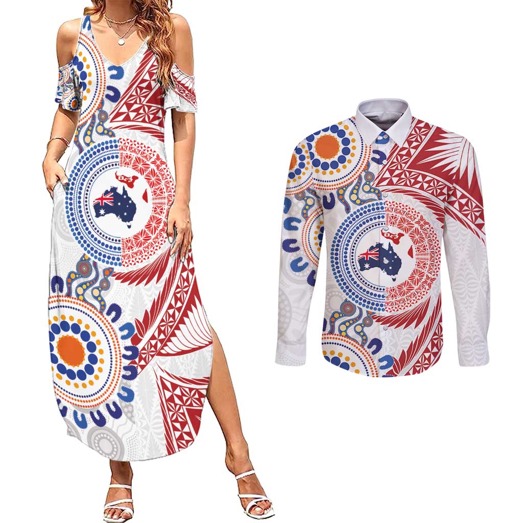 Tongan and Australian Culture Together Couples Matching Summer Maxi Dress and Long Sleeve Button Shirt Ngatu Art Tribal Aboriginal Tattoo Pattern - Polynesian Pride