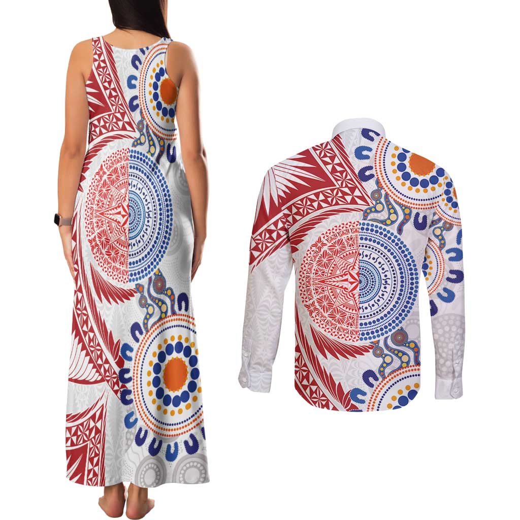 Tongan and Australian Culture Together Couples Matching Tank Maxi Dress and Long Sleeve Button Shirt Ngatu Art Tribal Aboriginal Tattoo Pattern - Polynesian Pride
