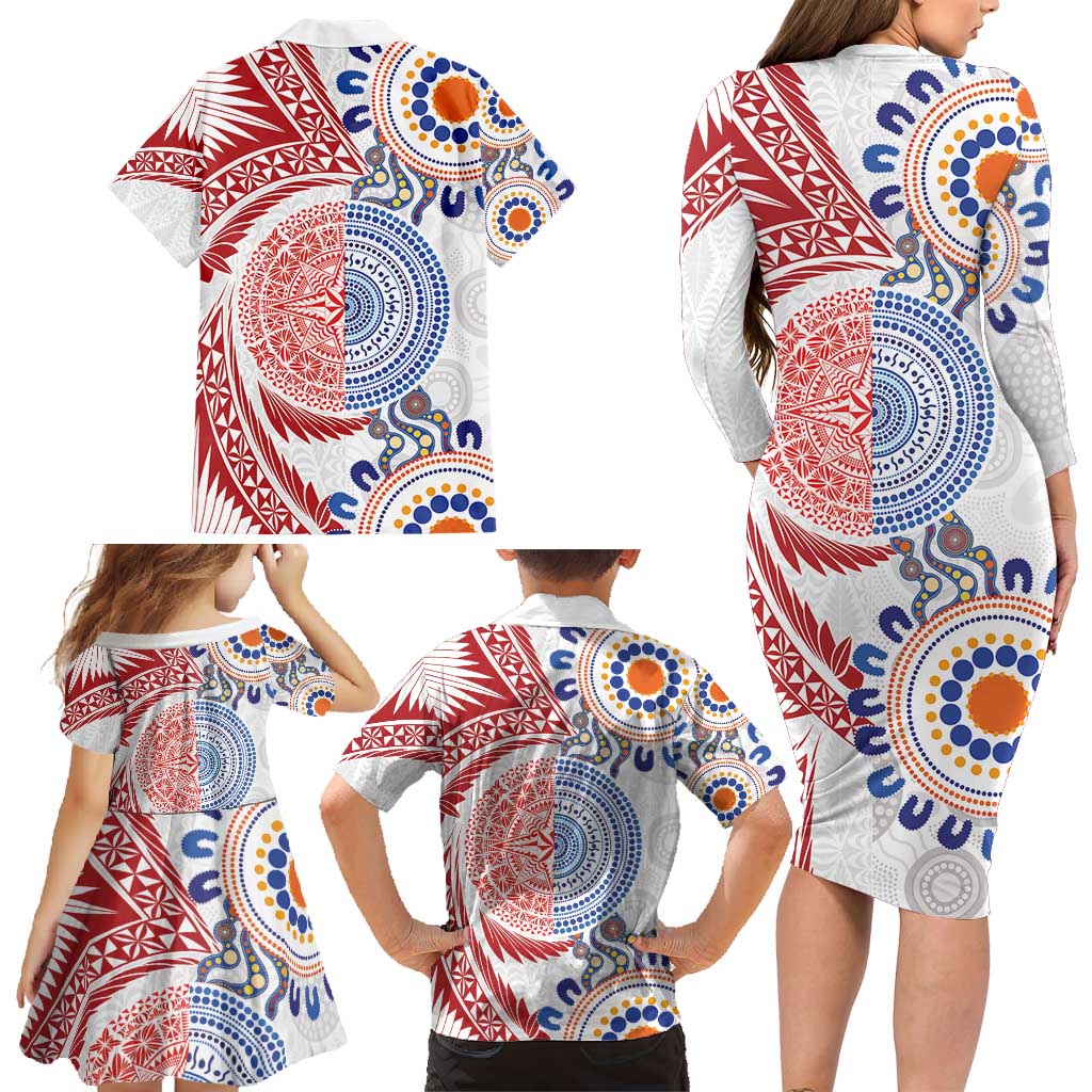 Tongan and Australian Culture Together Family Matching Long Sleeve Bodycon Dress and Hawaiian Shirt Ngatu Art Tribal Aboriginal Tattoo Pattern - Polynesian Pride