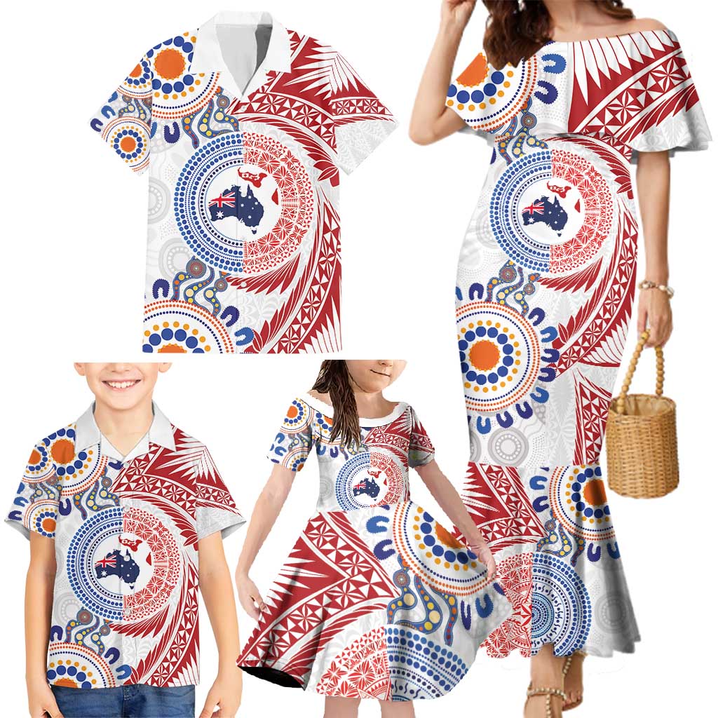 Tongan and Australian Culture Together Family Matching Mermaid Dress and Hawaiian Shirt Ngatu Art Tribal Aboriginal Tattoo Pattern - Polynesian Pride