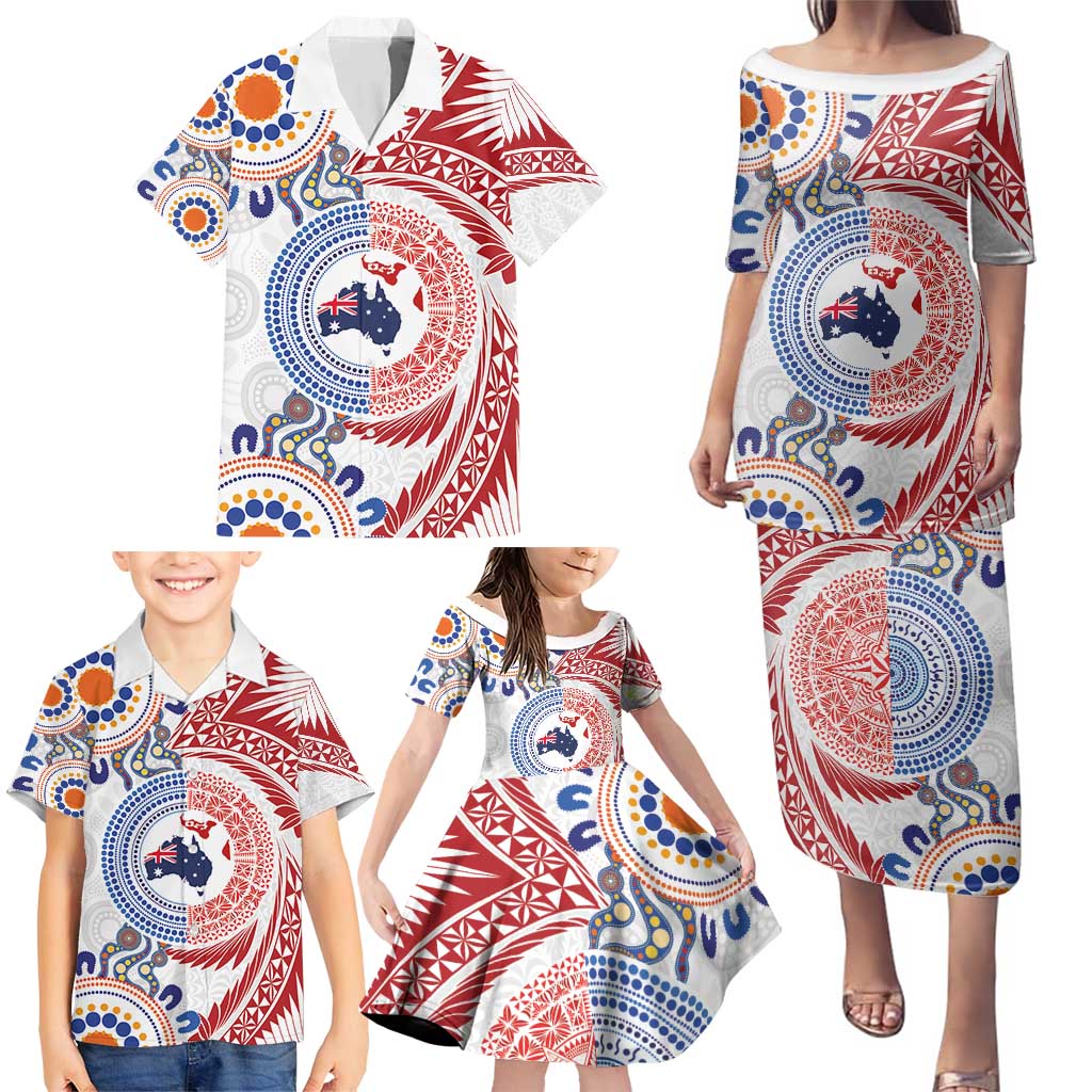 Tongan and Australian Culture Together Family Matching Puletasi and Hawaiian Shirt Ngatu Art Tribal Aboriginal Tattoo Pattern - Polynesian Pride
