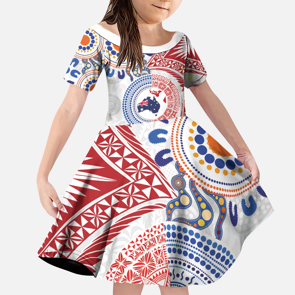Tongan and Australian Culture Together Kid Short Sleeve Dress Ngatu Art Tribal Aboriginal Tattoo Pattern - Polynesian Pride