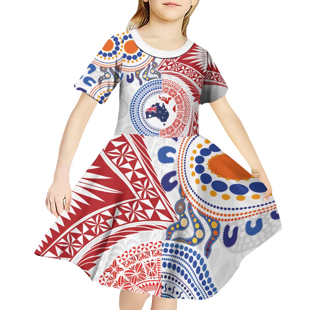 Tongan and Australian Culture Together Kid Short Sleeve Dress Ngatu Art Tribal Aboriginal Tattoo Pattern - Polynesian Pride