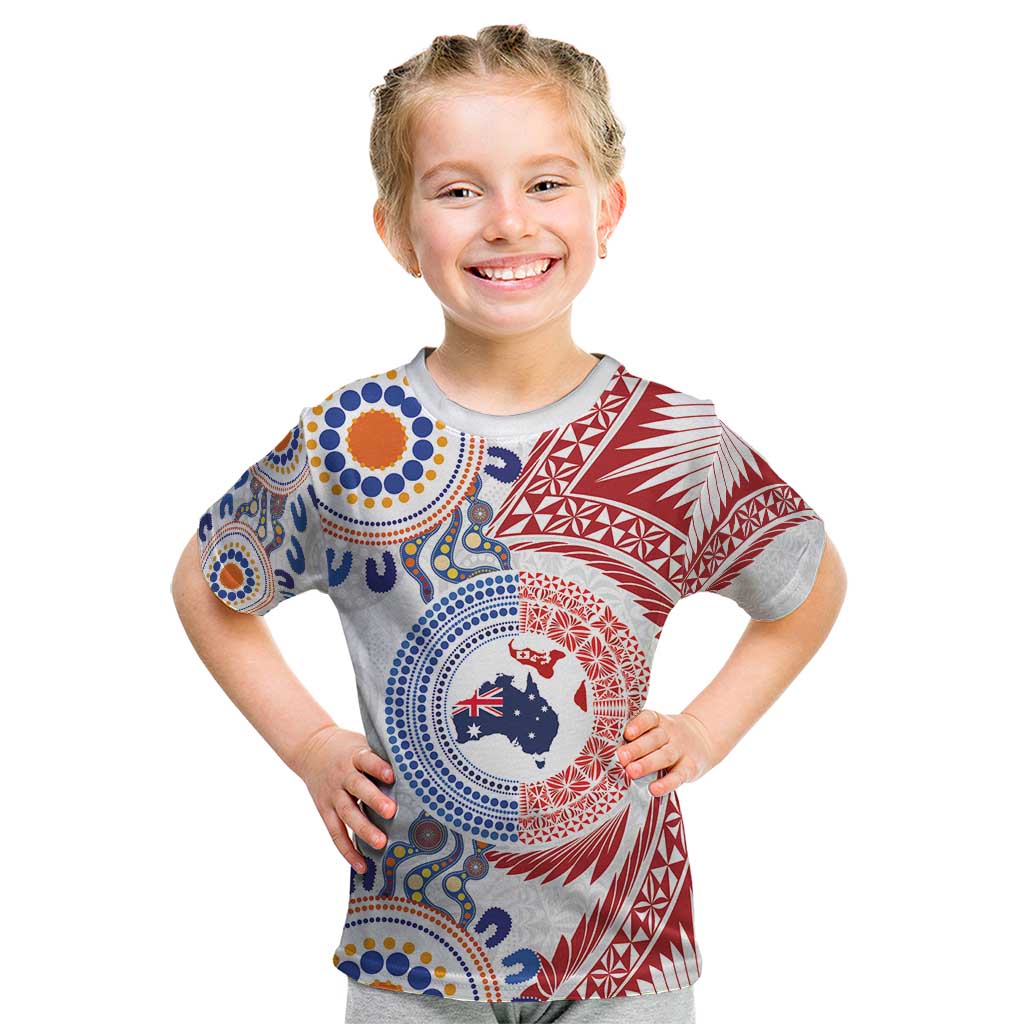 Tongan and Australian Culture Together Kid T Shirt Ngatu Art Tribal Aboriginal Tattoo Pattern - Polynesian Pride