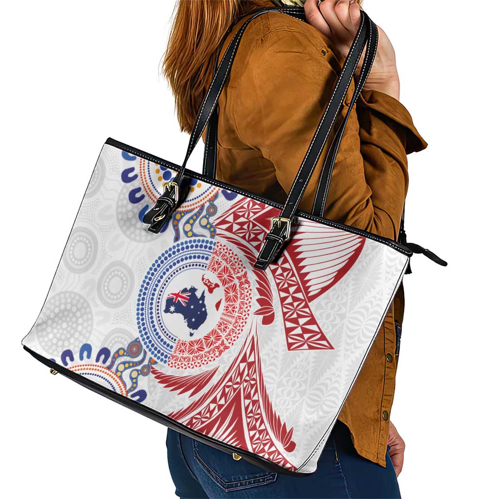 Tongan and Australian Culture Together Leather Tote Bag Ngatu Art Tribal Aboriginal Tattoo Pattern - Polynesian Pride
