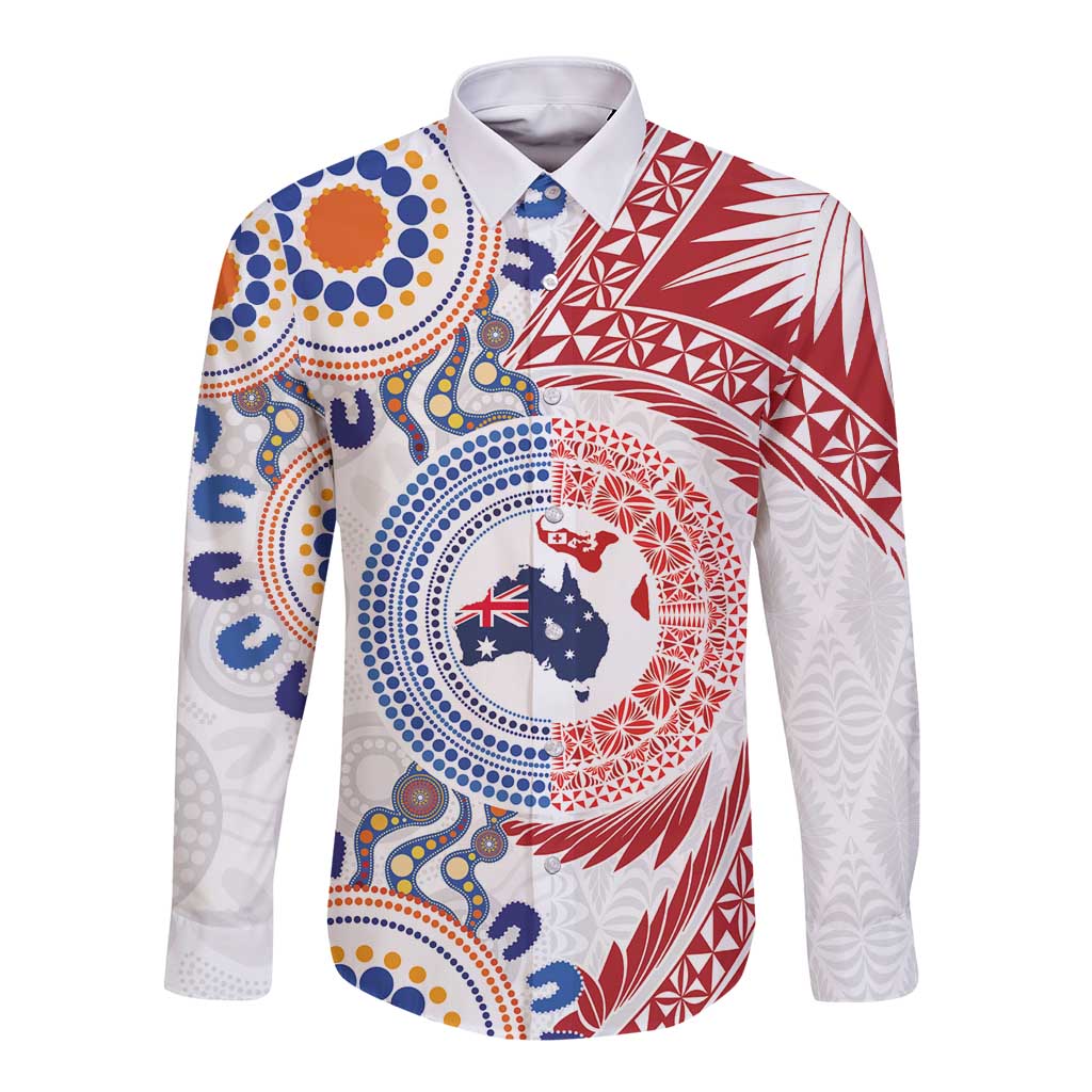 Tongan and Australian Culture Together Long Sleeve Button Shirt Ngatu Art Tribal Aboriginal Tattoo Pattern - Polynesian Pride