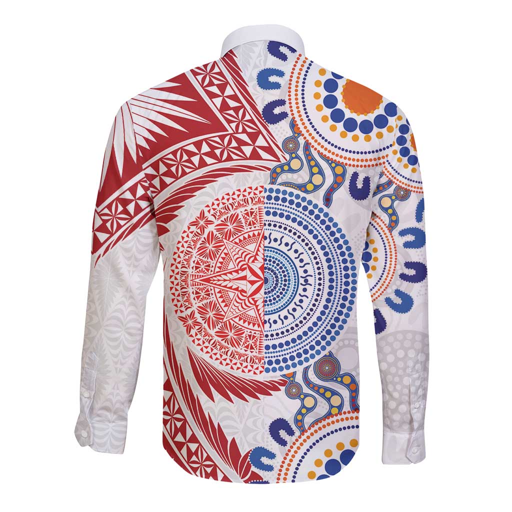 Tongan and Australian Culture Together Long Sleeve Button Shirt Ngatu Art Tribal Aboriginal Tattoo Pattern - Polynesian Pride