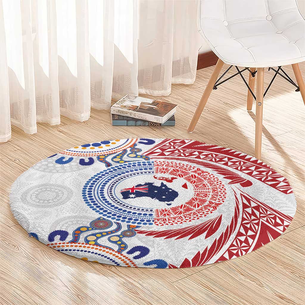 Tongan and Australian Culture Together Round Carpet Ngatu Art Tribal Aboriginal Tattoo Pattern - Polynesian Pride