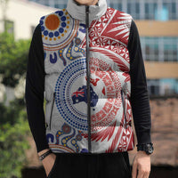 Tongan and Australian Culture Together Sleeveless Puffer Jacket Ngatu Art Tribal Aboriginal Tattoo Pattern - Polynesian Pride