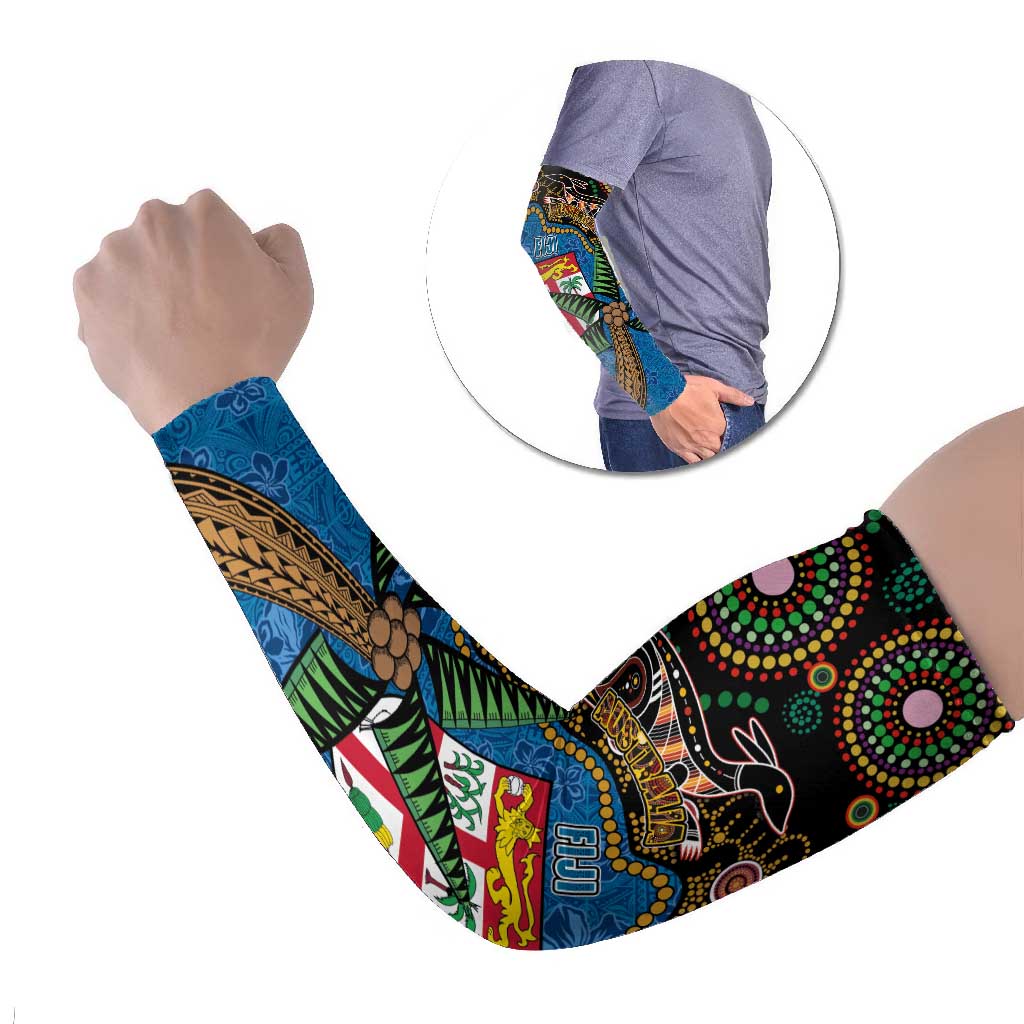 Fijian and Australian Culture Together Arm Sleeves Aboriginal Art and Tapa Motifs with Kangaroo and Palm Tree - Polynesian Pride